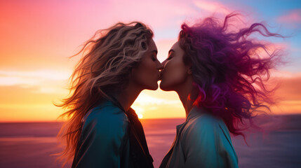Two lesbian girls kissing facing each other on a synthwave colors sunset with hair blowing in the wind