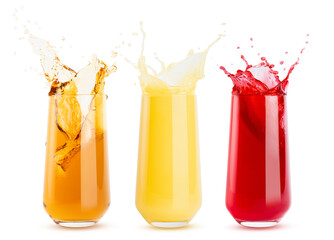 Set of three juices of different taste  - cherry, apple and orange - red, yellow and transparent...