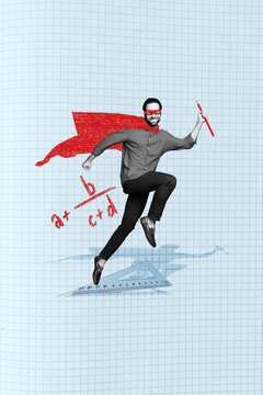 Collage vertical of strong powerful superman flying running hurry with pencil count formula algebra isolated on plaid paper background