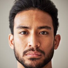 Face, portrait and serious asian man in studio with focus, wellness and awareness. Headshot of a...