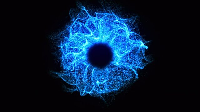 Blue energy orb animation. Abstract 3d energy sphere ball with light blue power rays on dark background. Nuclear energy, Big Bang, Supernova, black hole. Science, technology, innovations, Universe. 4k