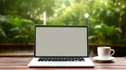 Empty screen laptop mockup with a cup coffee on green tree background