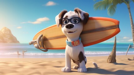 Animal 3d character person with surf board in the beach