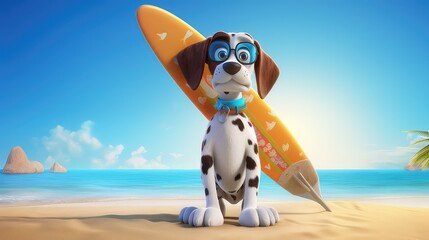 Animal 3d character person with surf board in the beach
