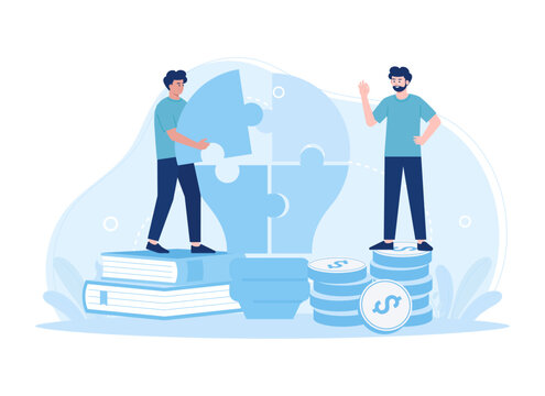 Employee teamwork connecting bulb puzzle concept flat illustration