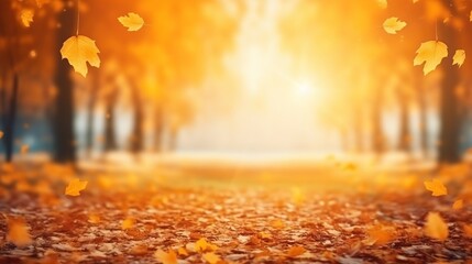 Naklejka na ściany i meble Beautiful autumn landscape with yellow trees and sun. Colorful foliage in the park. Falling leaves natural background generative ai