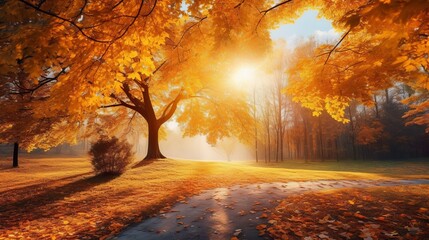 Beautiful autumn landscape with yellow trees and sun. Colorful foliage in the park. Falling leaves natural background generative ai