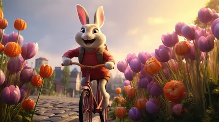 Foto op Aluminium Bunny ride the bike with basket contain flowers © Gaseesky Stock