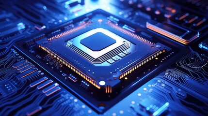 Fototapeta premium cpu computer chip on motherboard blue light theme