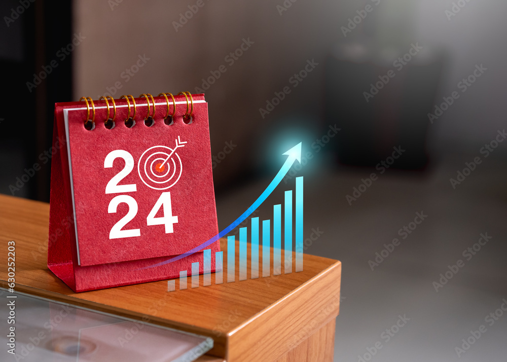 Poster happy new year 2024 banner background. virtual rising growth graph and 2024 numbers year with target