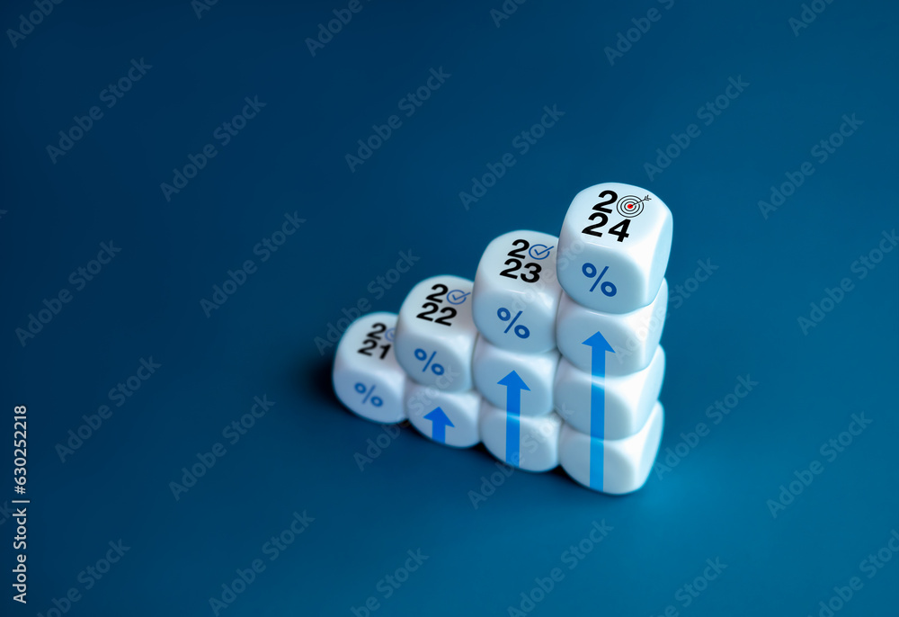 Aufkleber 2024 year number with target icon on the top of white blocks as graph steps with percentage icon and
