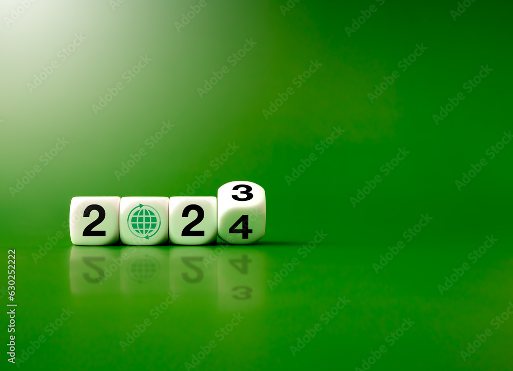 Poster 2024 happy new year with the green recycling, save planet and earth eco environment concepts. flippi