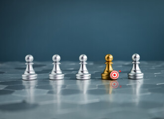 3d Target dart icon on golden pawn chess piece standing in the group of silver pawn chess pieces on...