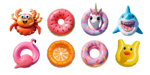 Funny Air Mattresses Set. Multicolor crab, watermelon, unicorn, shark, flamingo, orange, donut and duck. Colorful design elements for holiday project. Isolated on white background.