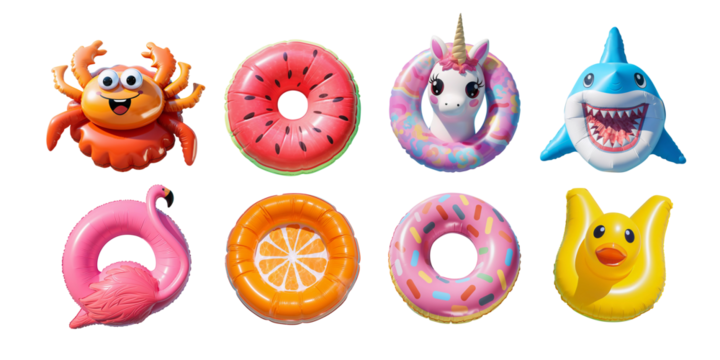 Funny Air Mattresses Set. Multicolor crab, watermelon, unicorn, shark, flamingo, orange, donut and duck. Colorful design elements for holiday project. Isolated on white background.