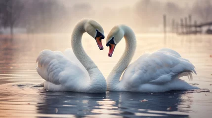 Tuinposter A pair of swans are dancing on the lake. They lean on each other. Their feathers are as white as snow. They look very elegant against the lake. © Keitma