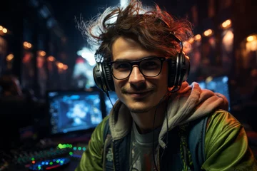 Fotobehang Man gamer in the room wearing head phone looking at viewer next to computer, wear green jacket © Keitma