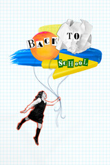 Full body length photo collage template of funky little female student girl fly back to school air balloons isolated on plaid background