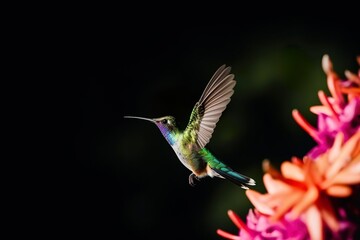 Fototapeta premium Amazilia decora, Charming Hummingbird, bird feeding sweet nectar from flower pink bloom.