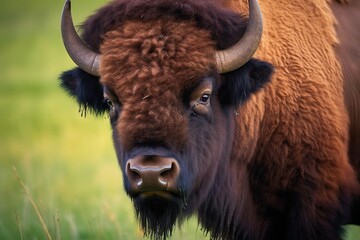 American bison portrait on green grass.