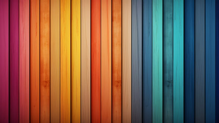Colorful wooden background with vertical wooden slat of different bright colors and copy space - obrazy, fototapety, plakaty