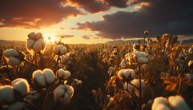 Recreation of cotton field at sunset. Illustration AI