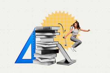 Collage template of funky woman riding skateboard high stack materials carefree university holidays isolated on white color background