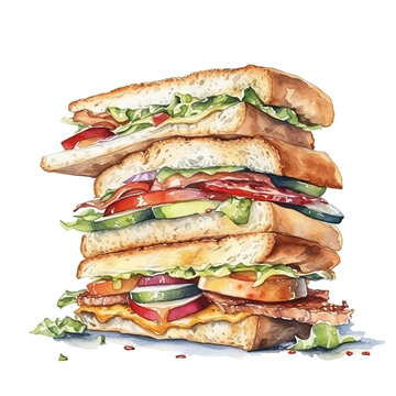 Sandwich Stack Fast Food, Isolated PNG, Watercolor Hand Painted Illustration, Transparent Background, Generative AI