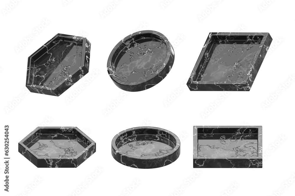 Poster black marble plates with frames 3d render icons set. realistic empty stone panels and planks differe