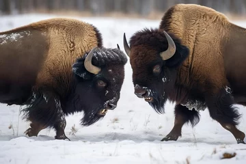 Tuinposter Huge buffalo pair butting on snow. © Jodie