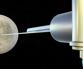space train, interplanetary transportation with railway connected planet earth to the moon 3d rendering