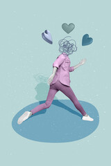 Vertical creative composite artwork photo collage of headless woman doodle instead of head running...