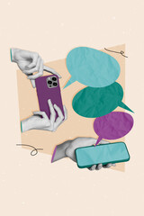 Vertical picture image collage hold smartphones two digital modern gadgets chatting phrases discuss isolated on beige color background