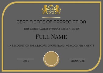 Certificate of appreciation of record accomplishments text with gold crest and border on grey