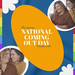 Collage of caucasian young lesbian couple and recognizing national coming out day, october 11th text