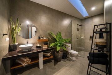 Luxury bathroom with polished concrete on the walls and PVC on the floor. Modern bathroom with...
