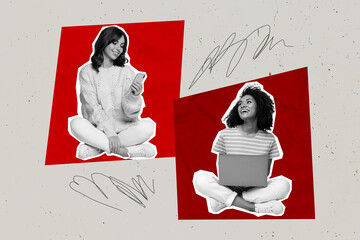 Composite collage image of young funny girls friendship colleagues coworkers connection laptop device telephone red background social media - obrazy, fototapety, plakaty