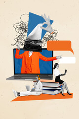 Two colleagues collage illustration image of two women create literature laptop display freelance...