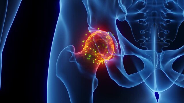 Animation of a man's inflamed hip joint undergoing repair,