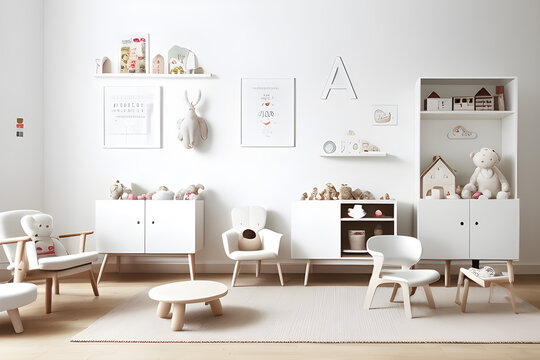 Scandinavian interior design playroom with wooden cabinets, armchairs, lots of plush and wooden toys. Stylish and cute kids room decoration. White wooden background wall. Templates. 3d rendering