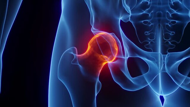 Animation of a man's inflamed right hip joints