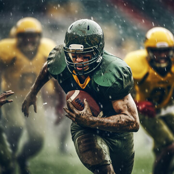 American football players in dynamic action is running with ball at stadium under rain, sport arena, movement, achievements, leadershi, Sports emotions