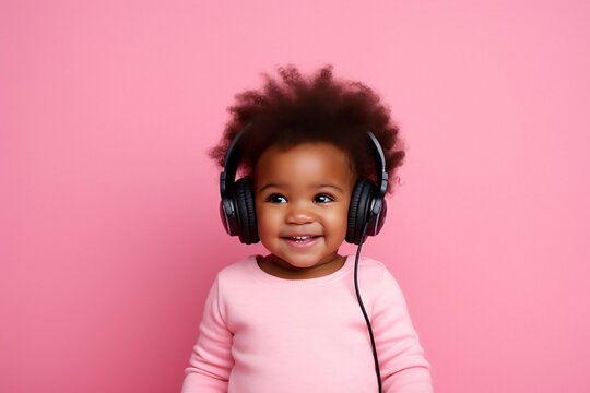 Funny baby african with headphones listening to music on the pink background. Banner with empty space. Generative ai.