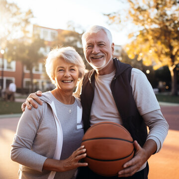Active sporty middle aged couple playing basketball outdoors, happy man and woman jogging together outdoors, having mroning workout.