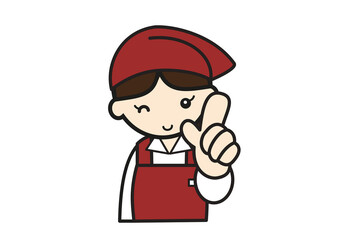 指さしポーズのスーパーの女性店員