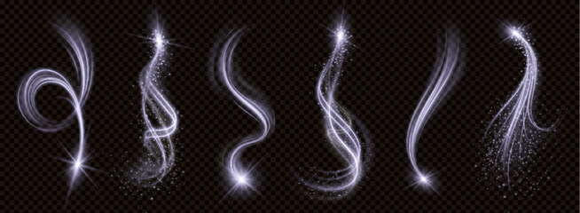 White magic spiral vortex line light glow effect. Shiny wind curve flare with sparkle png on transparent background. Isolated flying spell particle vector whirlpool. Star blink motion in galaxy © klyaksun
