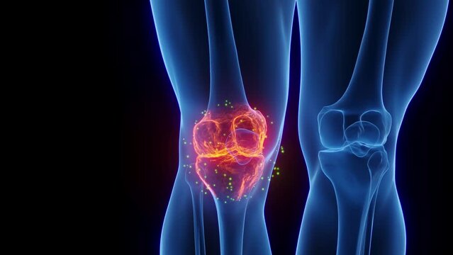 Animation of a man's inflamed right knee undergoing healing