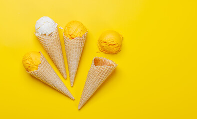 Assorted ice cream flavours in delightful waffle cones