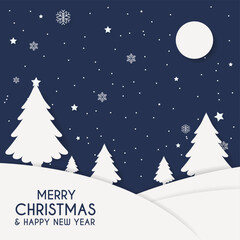 Merry chrismas and Happy new year greeting card. Winter night with christmas tree and moon. Paper art style. Vector