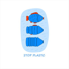 blue fish from the usual in the process of evolution turns into a plastic bottle